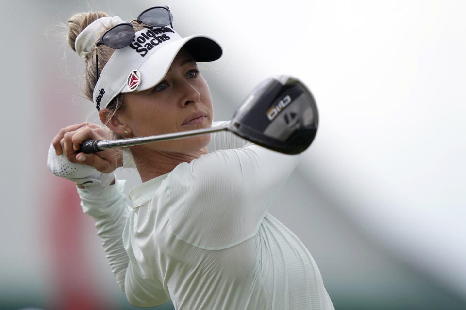 Nelly Korda watches her shot on the first hole during a practice round for the U.S. Women's Open golf tournament at Lancaster Country Club, Tuesday, May 28, 2024, in Lancaster, Pa. (AP Photo/Matt Rourke)