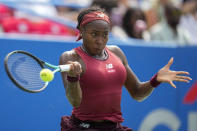 CORRECTS THAT SAKKARI IS FROM GREECE, NOT GERMANY - Coco Gauff, of the United States, hits the ball back to Maria Sakkari, of Greece, during the women's singles final of the DC Open tennis tournament Sunday, Aug. 6, 2023, in Washington. (AP Photo/Alex Brandon)