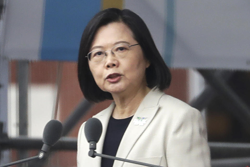 FILE - Taiwanese President Tsai Ing-wen delivers a speech during National Day celebrations in front of the Presidential Building in Taipei, Taiwan, on Oct. 10, 2022. China has threatened “resolute countermeasures” over a planned meeting between Taiwanese President Tsai Ing-wen and Speaker of the United States House Speaker Kevin McCarthy during an upcoming visit in Los Angeles by the head of the self-governing island democracy. On April 5, 2023, Tsai’s expected to stop in Los Angeles. (AP Photo/Chiang Ying-ying, File)