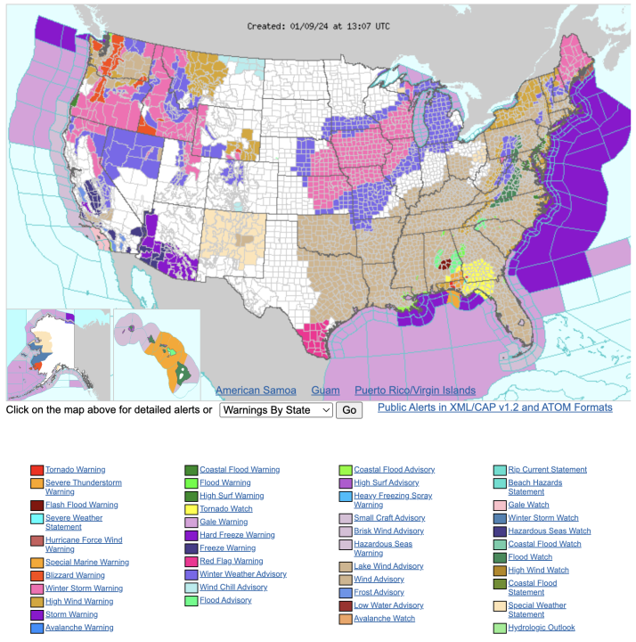 A map of the United States showing weather advisories in every state except North Dakota. (National Weather Service)