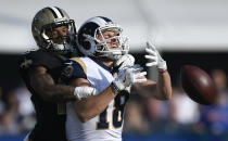 <p>New Orleans Saints cornerback P.J. Williams, left, breaks up a pass intended for Los Angeles Rams wide receiver Cooper Kupp during the first half of an NFL football game Sunday, Nov. 26, 2017, in Los Angeles. (AP Photo/Kelvin Kuo) </p>