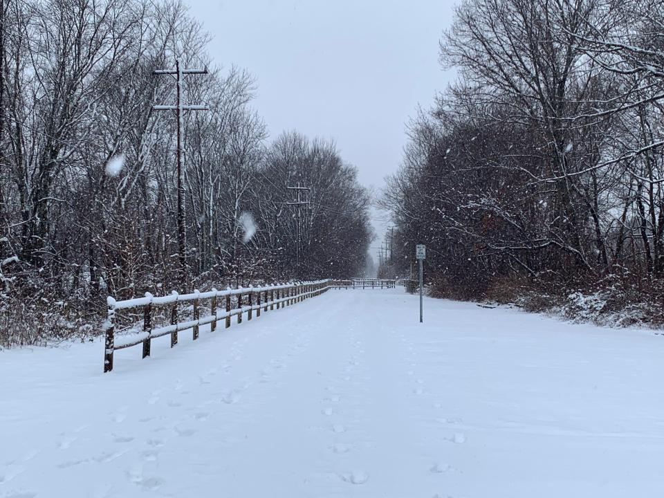 A snowstorm dropped several inches of wet, heavy snow across Rhode Island on Jan. 7, 2024. These photos, taken along the Coventry Greenway bike path, show the accumulation around 9 a.m.