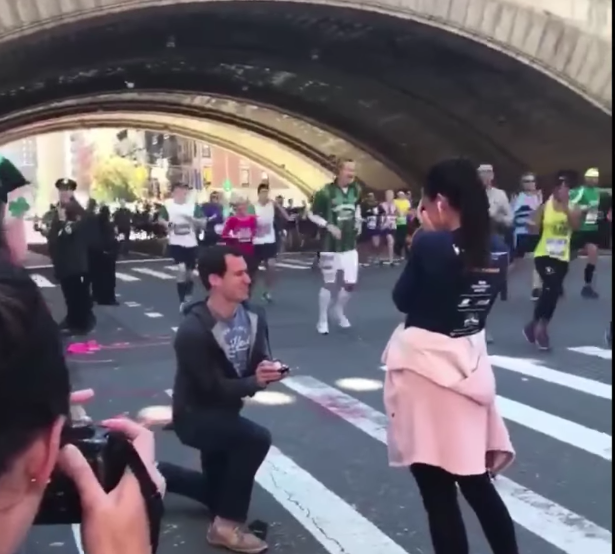 NYC Marathon runner gets engaged midrace when her boyfriend abruptly pops the question. (Photo: Facebook)