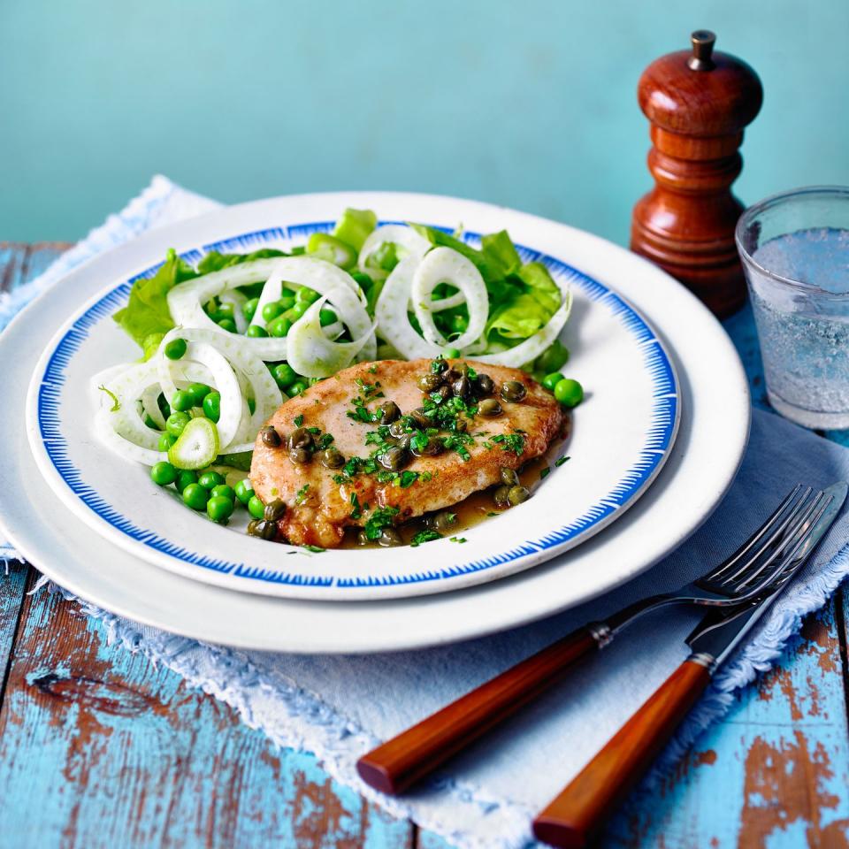 <p>A seasonal salad packed with fennel, peas and butterhead lettuce helps to cut through the richness of this chicken dish. A winning warm weather dinner recipe.</p><p><strong>Recipe: <a href="https://www.goodhousekeeping.com/uk/food/recipes/a35535042/chicken-piccata-escalope-with-fennel-and-pea-salad/" rel="nofollow noopener" target="_blank" data-ylk="slk:Chicken piccata escalope with fennel and pea salad;elm:context_link;itc:0;sec:content-canvas" class="link ">Chicken piccata escalope with fennel and pea salad</a></strong></p>