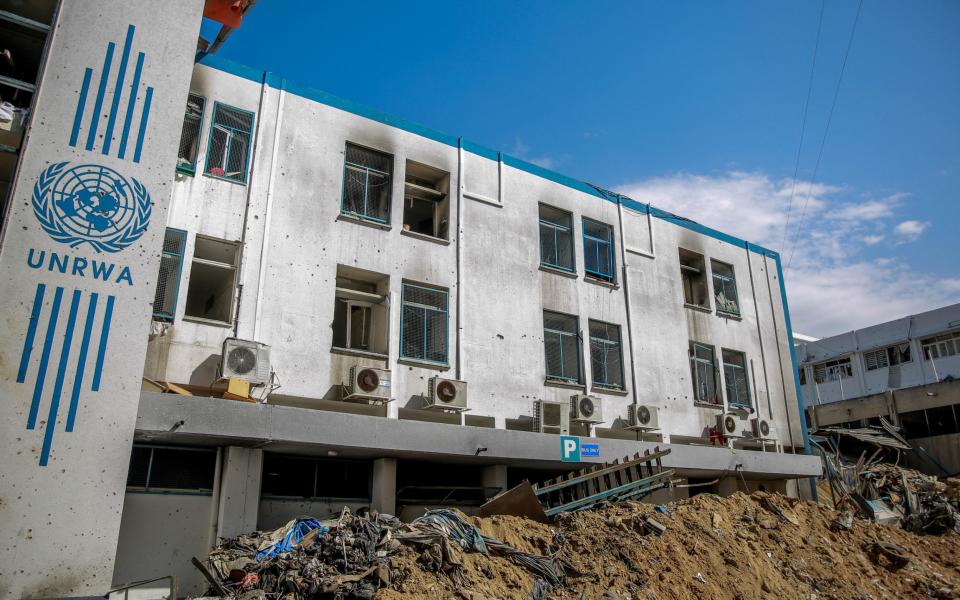 This picture shows the damaged Gaza City headquarters of the United Nations Relief and Works Agency for Palestine Refugees (UNRWA)