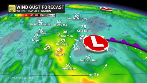 Wednesday afternoom Alberta wind gusts map Aug. 27