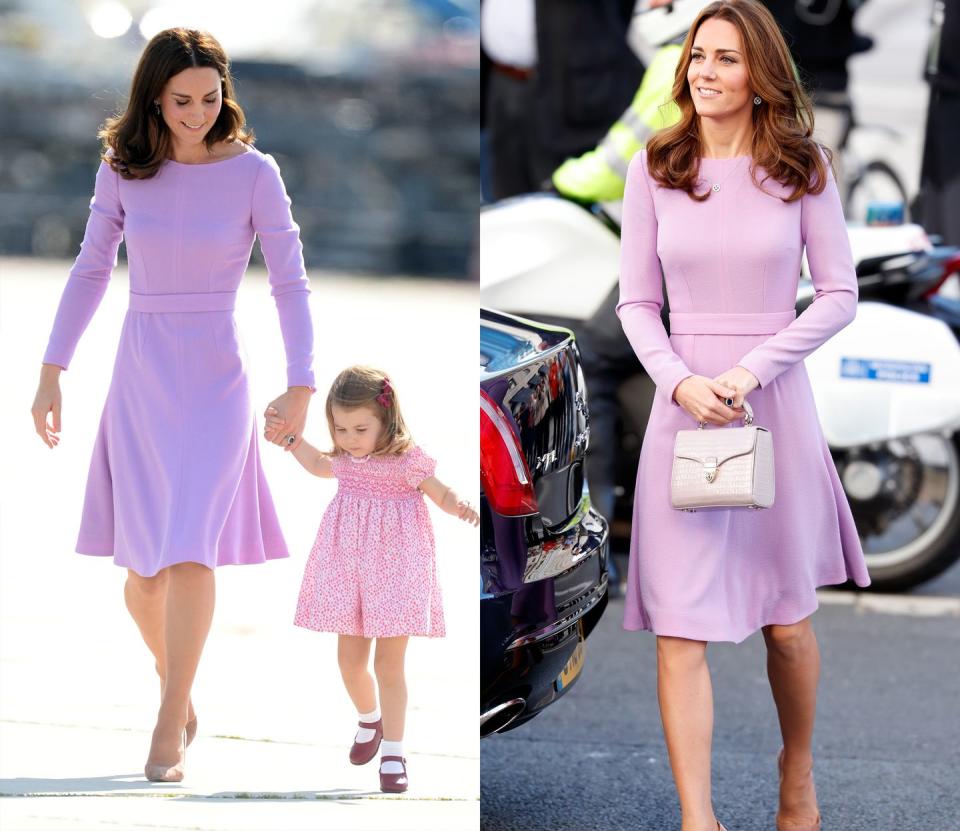 <p>Kate first wore this simple lavender Emilia Wickstead dress for an official visit to Germany in July 2017, later rewearing the look to the Global Ministerial Health Summit in October 2018. </p>