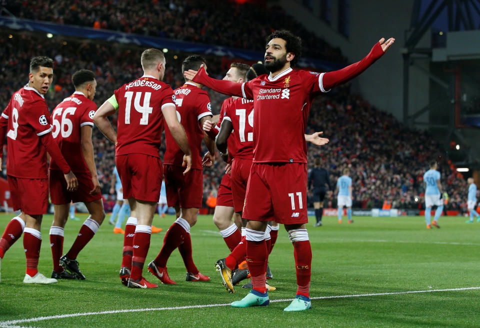 <p>Soccer Football – Champions League Quarter Final First Leg – Liverpool vs Manchester City – Anfield, Liverpool, Britain – April 4, 2018 Liverpool’s Mohamed Salah celebrates scoring their first goal REUTERS/Andrew Yates </p>