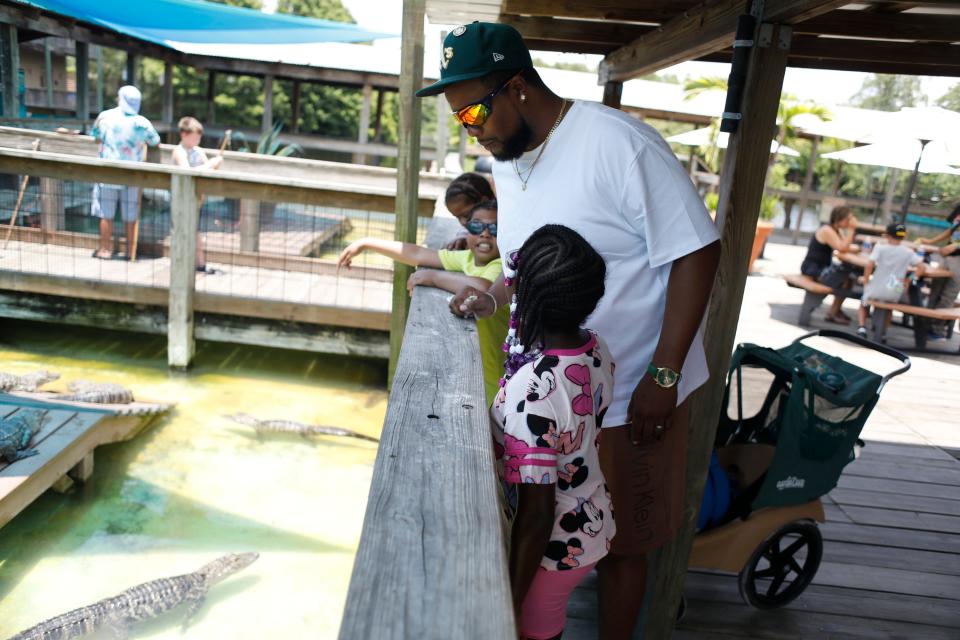 Gatorland visitors Andre Britt, 31, and his family watch alligators swim June 25, 2024 at Gatorland, a family-run amusement park where they are celebrating their 75th anniversary in Orlando, Florida.