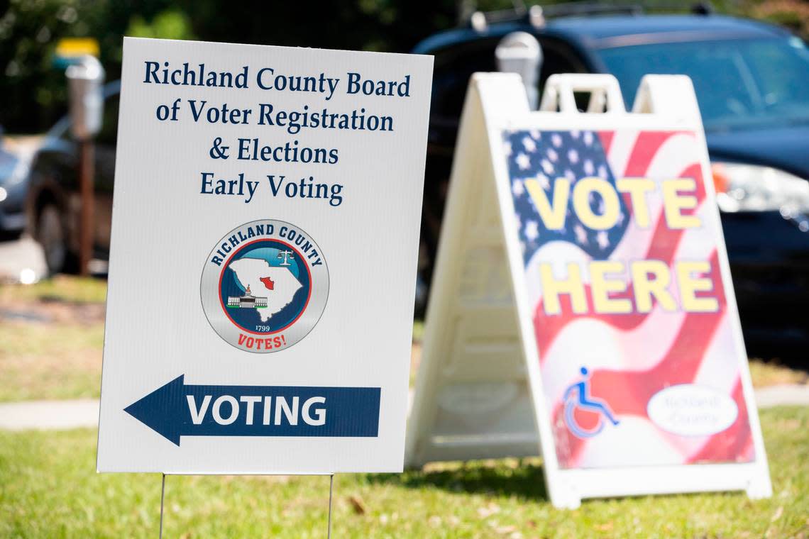 Signs outside the Richland County Administration Building on Wednesday, June 1, 2022. Primary voters have multiple locations across the county to chose from.