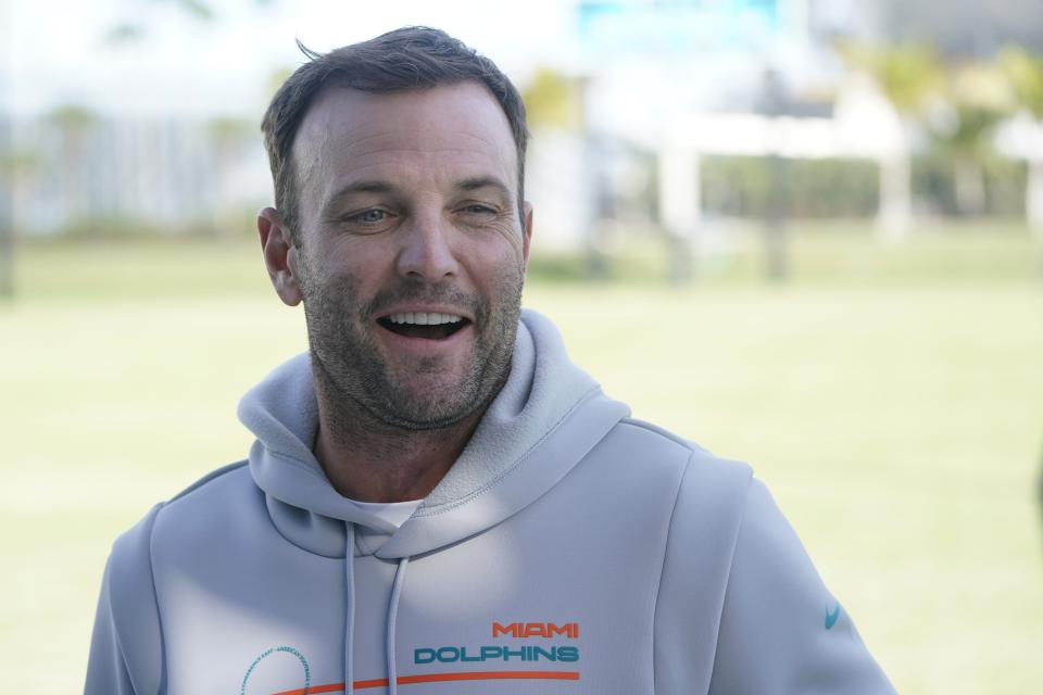 Miami Dolphins assistant coach Wes Welker talks with reporters during an interview session in February.  Welker, a former Texas Tech receiver and return man, is on the ballot for the Texas Sports Hall of Fame class of 2023 to be chosen this summer.