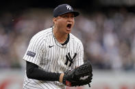 New York Yankees pitcher Victor González reacts after throwing out Tampa Bay Rays' Harold Ramírez to end the ninth inning of a baseball game Sunday, April 21, 2024, in New York. (AP Photo/Adam Hunger)