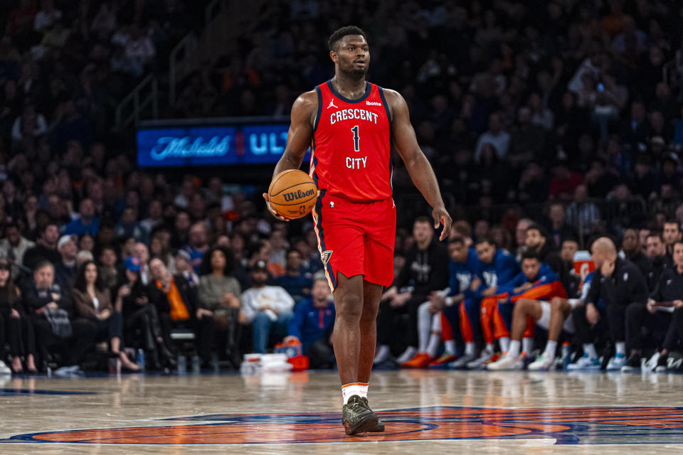 New Orleans Pelicans forward Zion Williamson (1) dribbles the ball during the second half of an NBA basketball game against the New York Knicks in New York, Tuesday, Feb. 27, 2024. (AP Photo/Peter K. Afriyie)