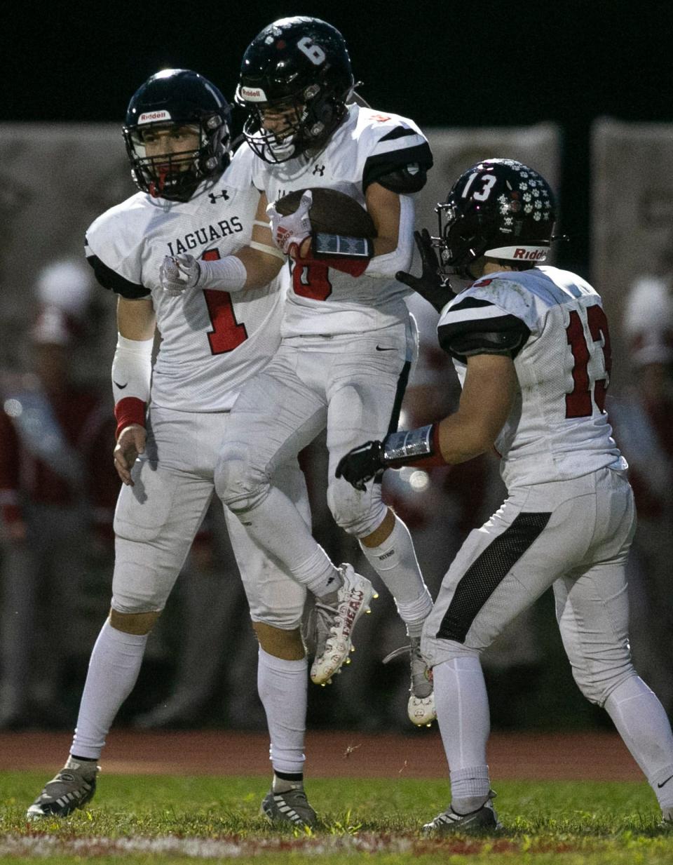 Jackson Memorial’s Albert D’Alessandro (center) celebrates a touchdown. Jackson Memorial vs Jackson Liberty football. Jackson, NJFriday, September 30, 2022