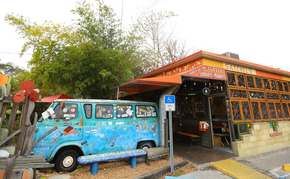 The famous bus outside the front of Satchel's Pizza in Gainesville.