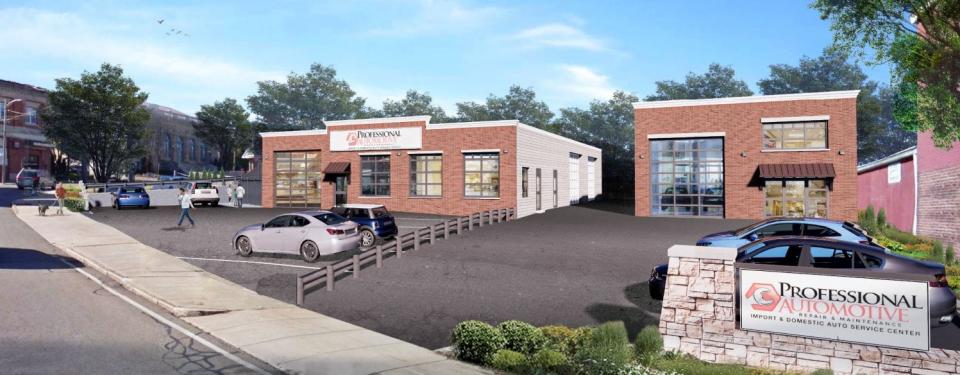 A rendering of the future Professional Automotive property on Mechanic Street in Marlborough. The building on the left is the current facility, while the building on the right is an old glass installation site that the business recently purchased.