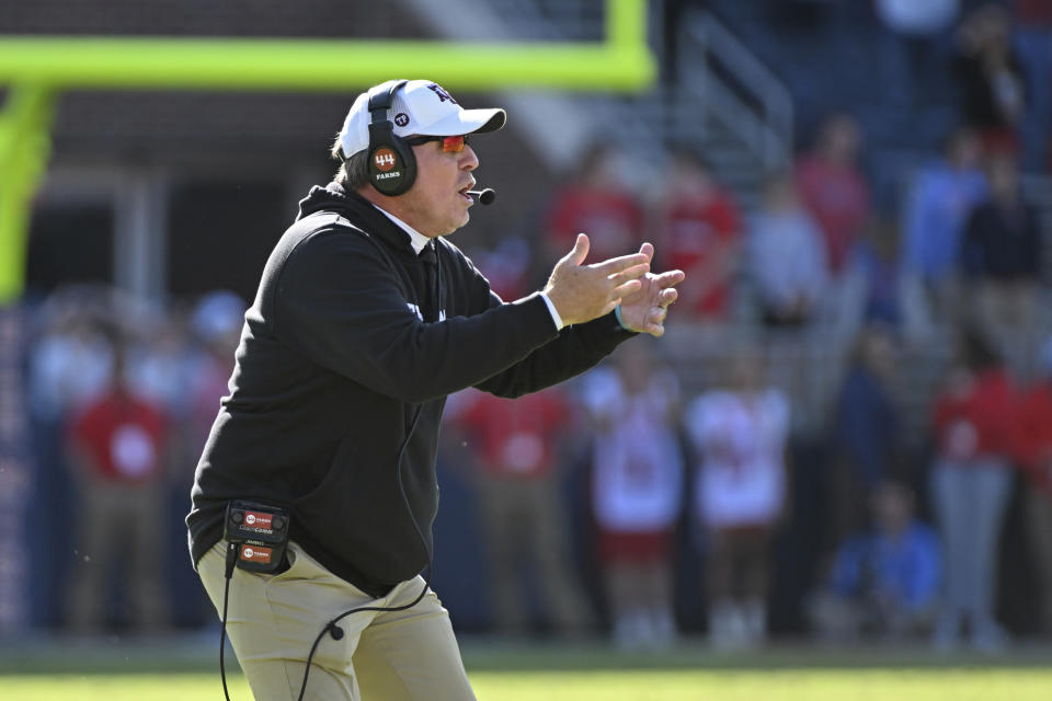 Texas A&M head coach Jimbo Fisher reacts during the second half of an NCAA college football game against Mississippi in Oxford, Miss., Saturday, Nov. 4, 2023. Mississippi won 38-35. (AP Photo/Thomas Graning)