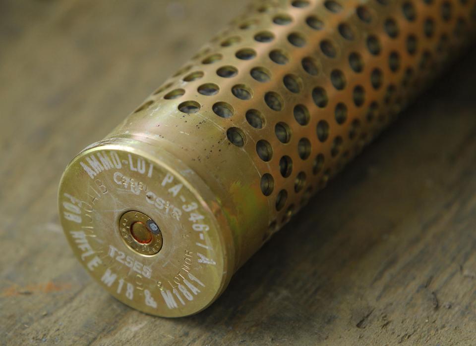 A 57mm caliber rifle cartridge is shown at the U.S. Army Letterkenny Munitions Center in Chambersburg