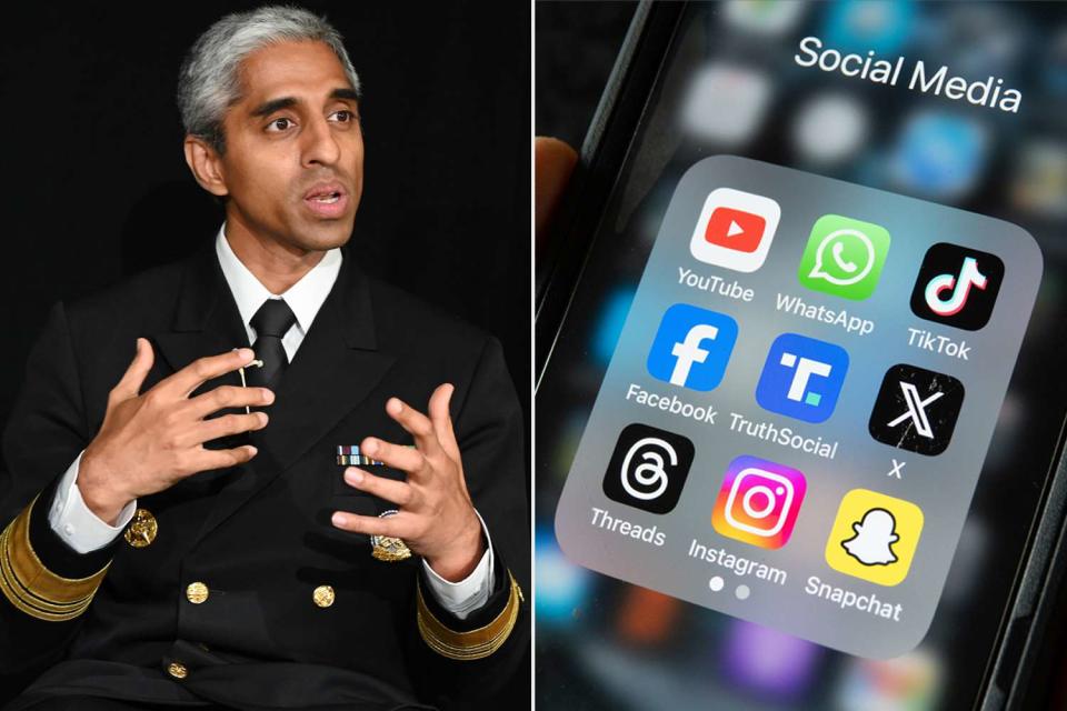 <p>Slaven Vlasic/Getty; Anna Barclay/Getty </p> U.S. Surgeon General Vivek Murthy in October 2023; stock image of apps