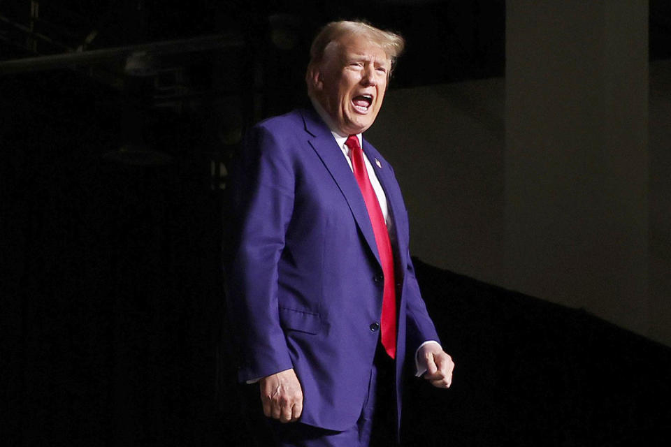 Donald Trump talks in a campaign rally in Reno, Nev., on Dec. 17, 2023. (Justin Sullivan / Getty Images)