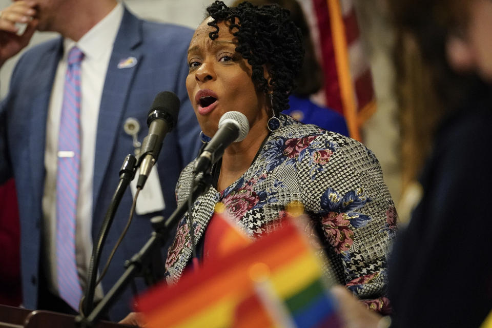 Kentucky Democratic Rep. Attica Scott, seen here at a February rally to advance LGTBQ rights held at the state Capitol in Frankfort, faces charges of first-degree rioting, failure to disperse and unlawful assembly stemming from protests Thursday night in Louisville. (Photo: ASSOCIATED PRESS)