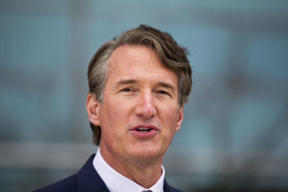 Virginia Gov. Glenn Youngkin visits Carilion Roanoke Memorial Hospital and speaks with reporters after signing an executive order regarding healthcare workers Thursday, Jan. 20, 2022, in Roanoke, Va. (Scott P. Yates/The Roanoke Times via AP)