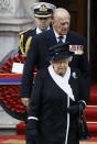 FILE - In this file photo dated Saturday, April 25, 2015, Britain's Queen Elizabeth II and Prince Philip, arrive to attend a ceremony at the Cenotaph to commemorate ANZAC Day and the Centenary of the Gallipoli Campaign in Whitehall, London. The ANZAC Day memorial Saturday marks the 100th anniversary of the 1915 Gallipoli landings, the first major military action fought by the Australian and New Zealand Army Corps during World War I. Prince Philip who died Friday April 9, 2021, aged 99, lived through a tumultuous century of war and upheavals, but he helped forge a period of stability for the British monarchy under his wife, Queen Elizabeth II. (AP Photo/Kirsty Wigglesworth, FILE)