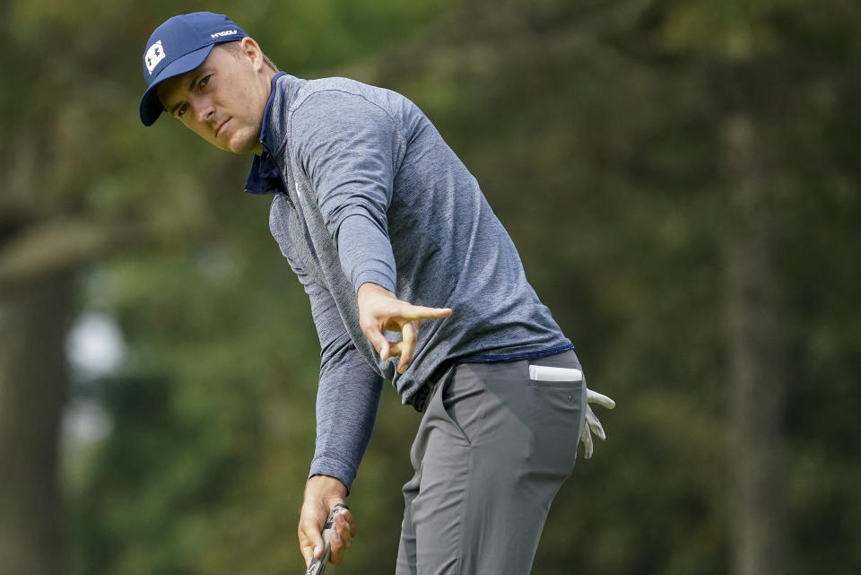 Jordan Spieth, of the United States, reacts after putting on the seventh green during the first round of the US Open Golf Championship, Thursday, Sept. 17, 2020, in Mamaroneck, N.Y. (AP Photo/John Minchillo)