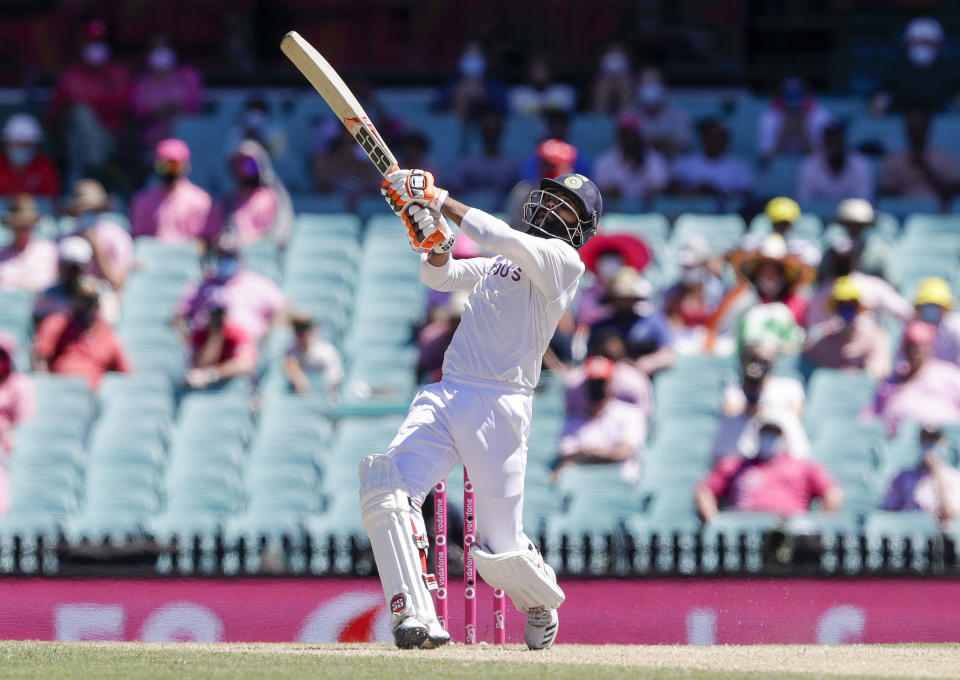 India's Ravindra Jadeja bats during play on day three of the third cricket test between India and Australia at the Sydney Cricket Ground, Sydney, Australia, Saturday, Jan. 9, 2021. (AP Photo/Rick Rycroft)