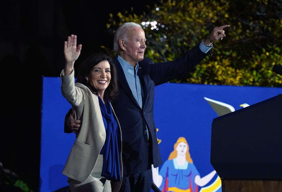 President Joe Biden and New York Govener Kathy Hochul attend a political event on the campus of Sarah Lawrence College in Yonkers on Sunday, November 6, 2022.