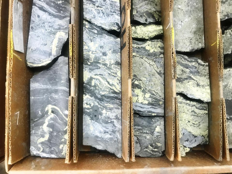 Cores of copper-rich rock that were extracted from the project site. The golden-yellow material is chalcopyrite, a major copper ore mineral. (Photo: CHRIS D’ANGELO/HUFFPOST)