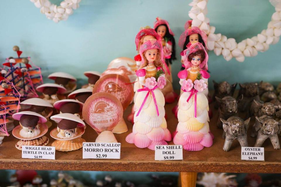 Carved seashells and seashell dolls are among the items for sale at The Shell Shop in Morro Bay on Monday, April 10, 2023. The Morro Bay Chamber of Commerce will honor the store as its 2022 Business of the Year on April 21, 2023.