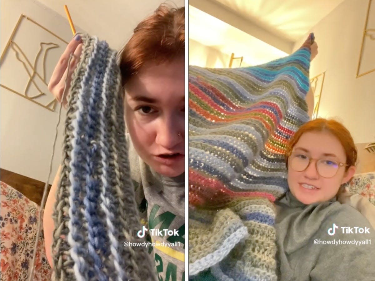 composite image of screenshots of their TikTok showing progress on the crochet blanket