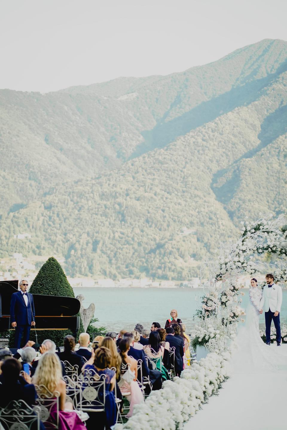 Giorgia Gabriele Wore a Custom Off-White Wedding Dress With a 26-Foot Train to Her Ceremony on Lake Como