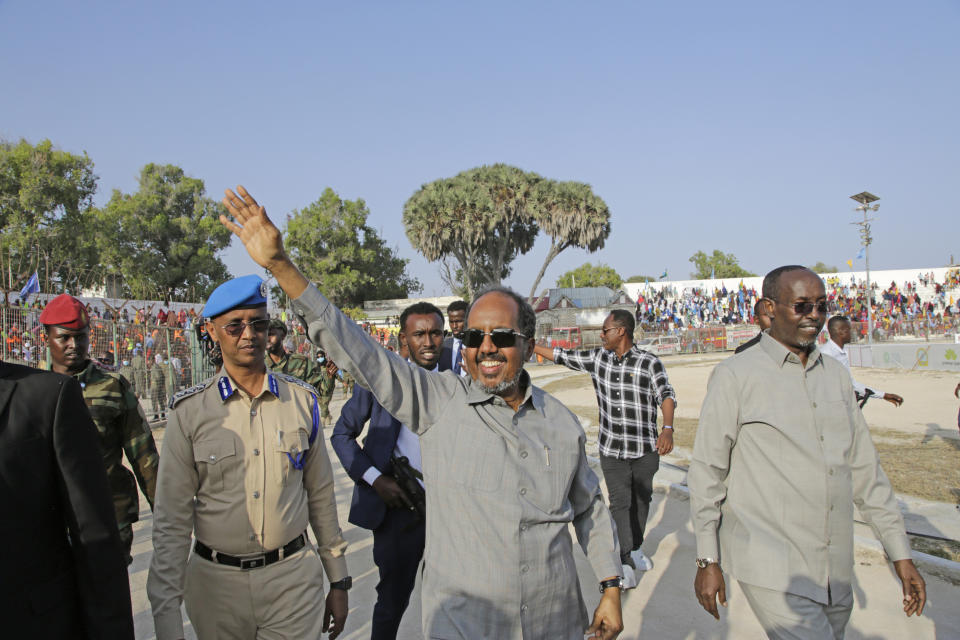 Somalia President Hassan Sheikh Mohamud leads a demonstration at Banadir stadium, Mogadishu, Thursday Jan. 12, 2023. The government rally encouraged an uprising against the al-Shabab group amid a month long military offensive. (AP Photo/Farah Abdi Warsameh)