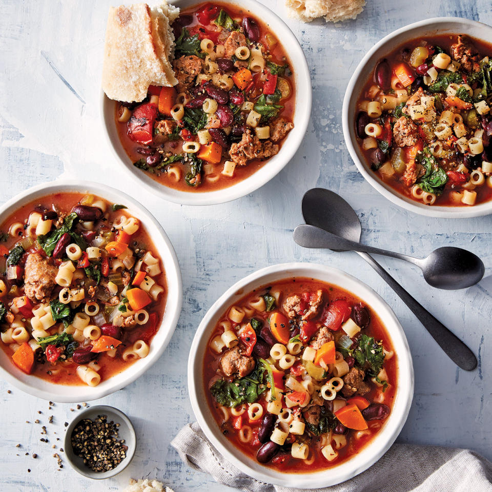 <p>Adjust the heat level in the dish by choosing either hot or mild Italian sausage. You can add red pepper, too, to make it extra hot. Serve this slow-cooker minestrone with crusty bread, if desired. <a href="https://www.eatingwell.com/recipe/276951/slow-cooker-turkey-kale-minestrone-soup/" rel="nofollow noopener" target="_blank" data-ylk="slk:View Recipe;elm:context_link;itc:0;sec:content-canvas" class="link ">View Recipe</a></p>