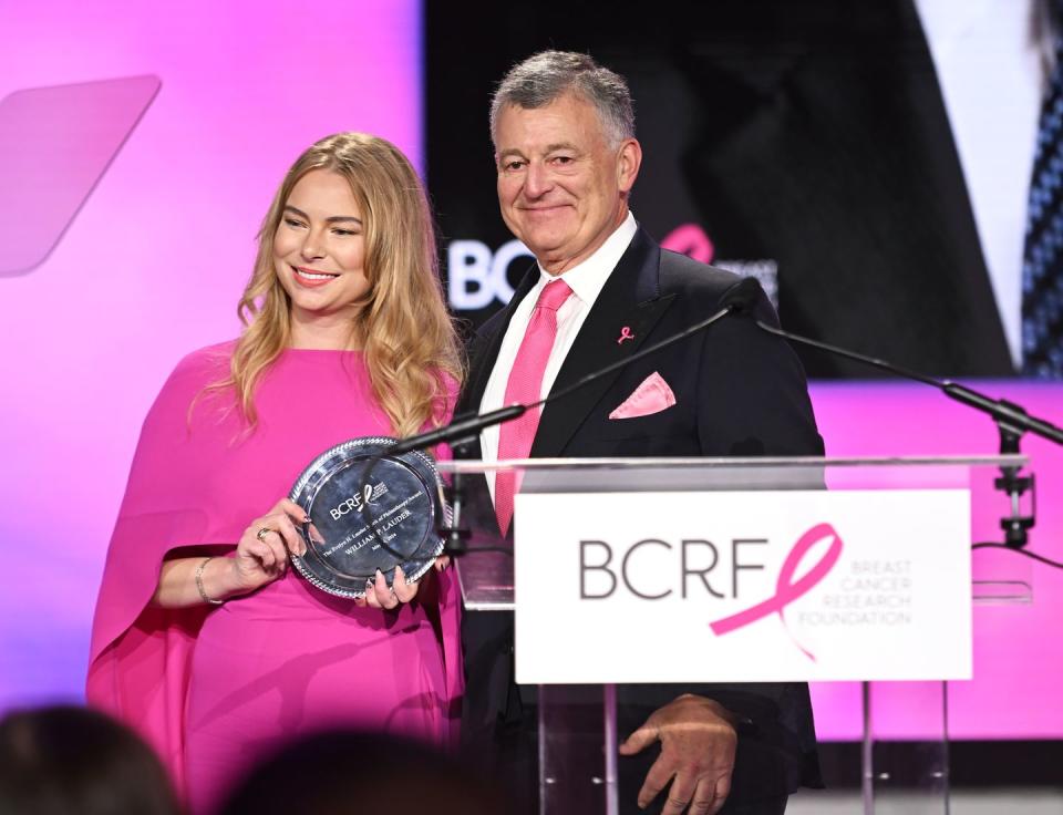 new york, new york may 14 l r danielle lauder and william p lauder speak onstage during the breast cancer research foundation hot pink party at the glasshouse on may 14, 2024 in new york city photo by noam galaigetty images for bcrf