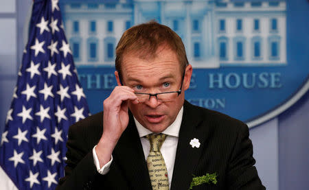 FILE PHOTO: White House Office of Management and Budget Director Mick Mulvaney speaks about of U.S. President Donald Trump's budget in the briefing room of the White House in Washington, U.S. on March 16, 2017. REUTERS/Kevin Lamarque/File Photo