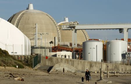 A woman and her dogs walk past the San Onofre Nuclear Generating Station that sits on the shore of the Pacific Ocean in North San Diego County, California, in this file photo taken March 14, 2011. Advanced nuclear power plants, which will employ techniques such as using fuels other than uranium and coolants other than water, have attracted private investments from more than 40 companies from Florida to Washington state, the Third Way think tank says in a report. REUTERS/Mike Blake/Files