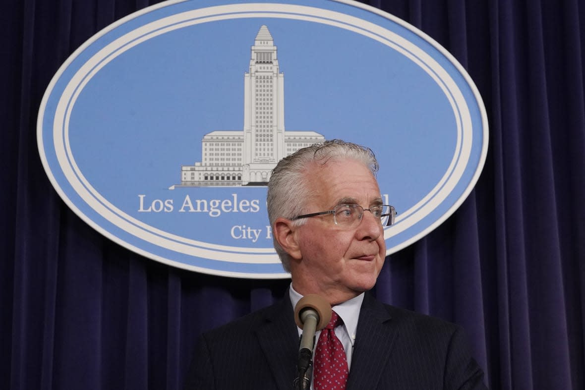 Los Angeles City Council President Paul Krekorian holds a press conference to discuss action “to preserve public trust” following the filing of charges against Los Angeles Councilmember Curren Price Jr. in Los Angeles, Wednesday, June 14, 2023. Prosecutors have charged Price Jr. with embezzlement and perjury in the latest criminal case to upend the scandal-plagued governing board of the nation’s second-largest city. (AP Photo/Damian Dovarganes)