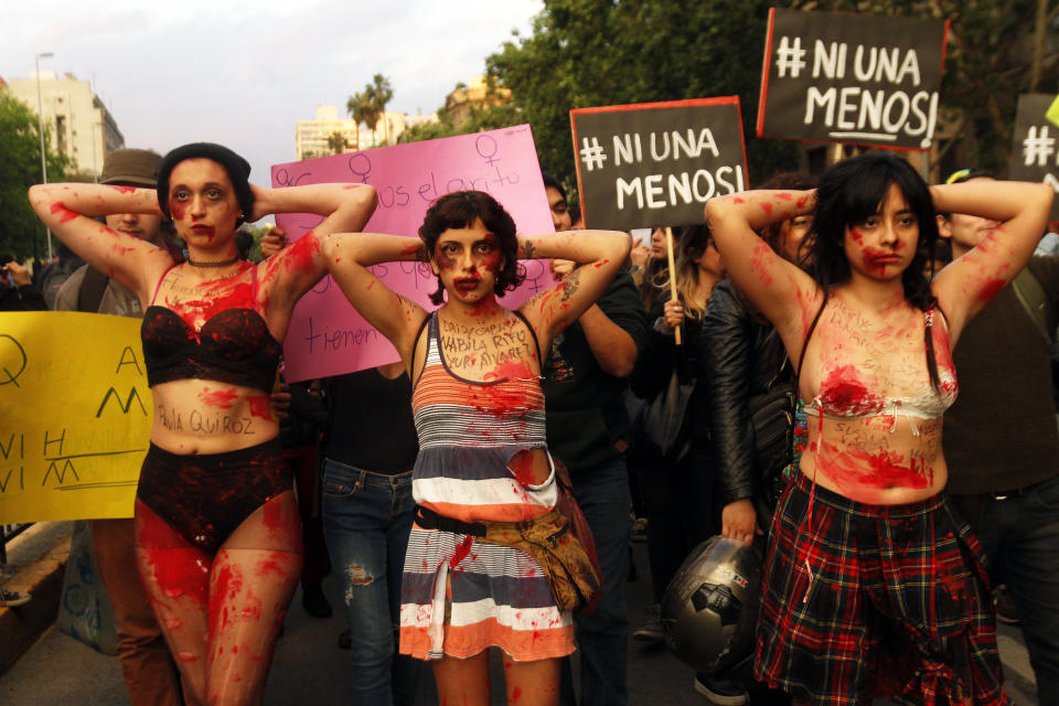 Women in Santiago, Chile march in solidarity with Argentinian women after the murder of Lucia Perez.&nbsp;