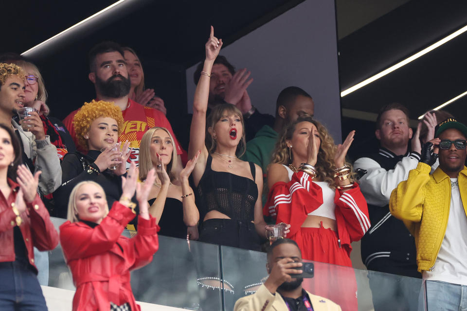 Ice Spice, Taylor Swift and Blake Lively cheering at Super Bowl LVIII as the Kansas City Chiefs took on the San Francisco 49ers in Las Vegas, Feb. 11, 2024. / Credit:  Getty Images