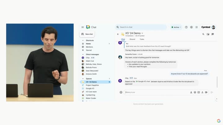 A screenshot from Google I/O showing an AI Teammate side by side with the presenter.