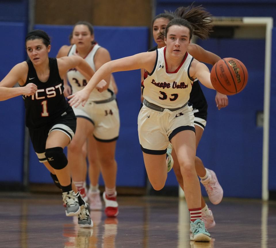 Regina Williams of Lenape Valley heads down court in the first half as Morris Tech defeated Lenape Valley 63-48 in a NJAC-Colonial girls basketball game played in Stanhope, NJ on January 19, 2023.