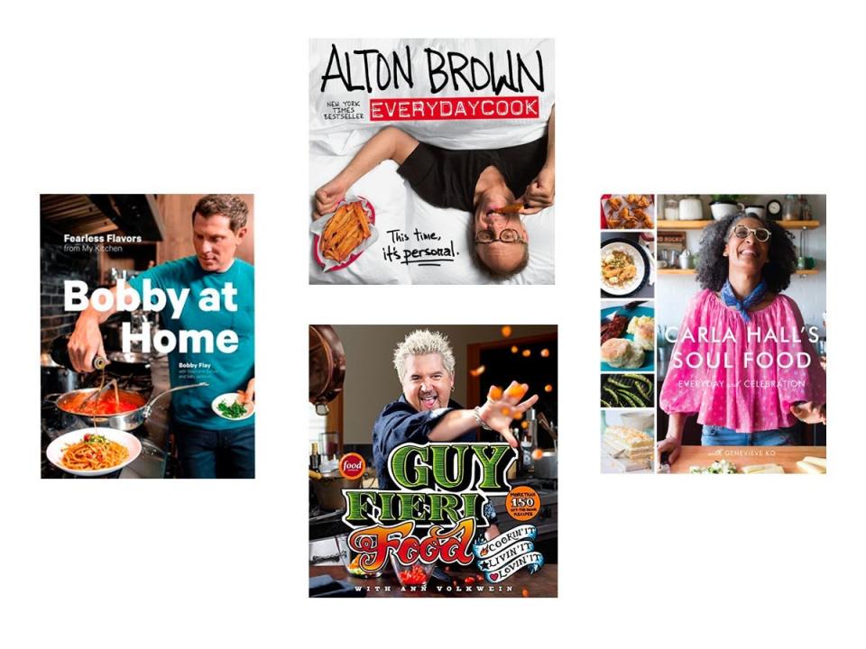 Collage of four cookbooks from Bobby Flay, Carla Hall, Guy Fieri, and Alton Brown