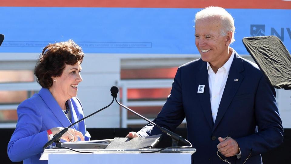 PHOTO: In this Oct. 20, 2018, file photo, Senate candidate Jacky Rosen introduces former Vice President Joe Biden as he campaigns for Nevada Democratic candidates during a rally in Las Vegas. (Ethan Miller/Getty Images, FILE)