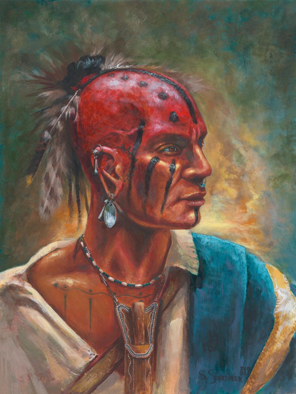 Painting of Revolutionary War-era Native American by Toms River artist Steve Schreiber.