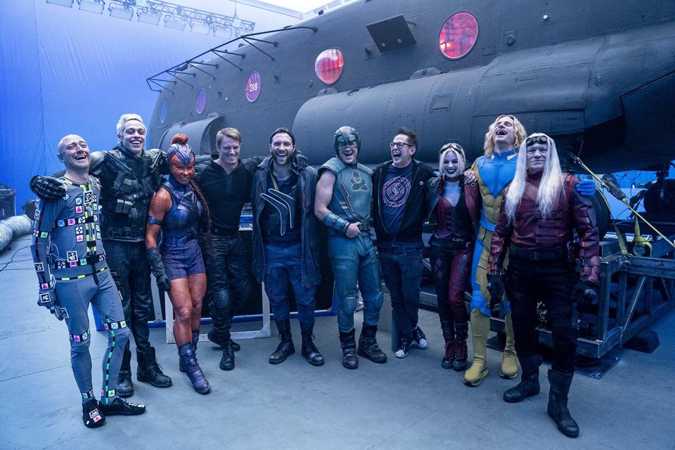 SEAN GUNN, PETE DAVIDSON, MAYLING NG, JOEL KINNAMAN, JAI COURTNEY, NATHAN FILLION, writer/director JAMES GUNN, MARGOT ROBBIE, FLULA BORG and MICHAEL ROOKER on the set of Warner Bros. Pictures’ action adventure “THE SUICIDE SQUAD,” a Warner Bros. Pictures release.