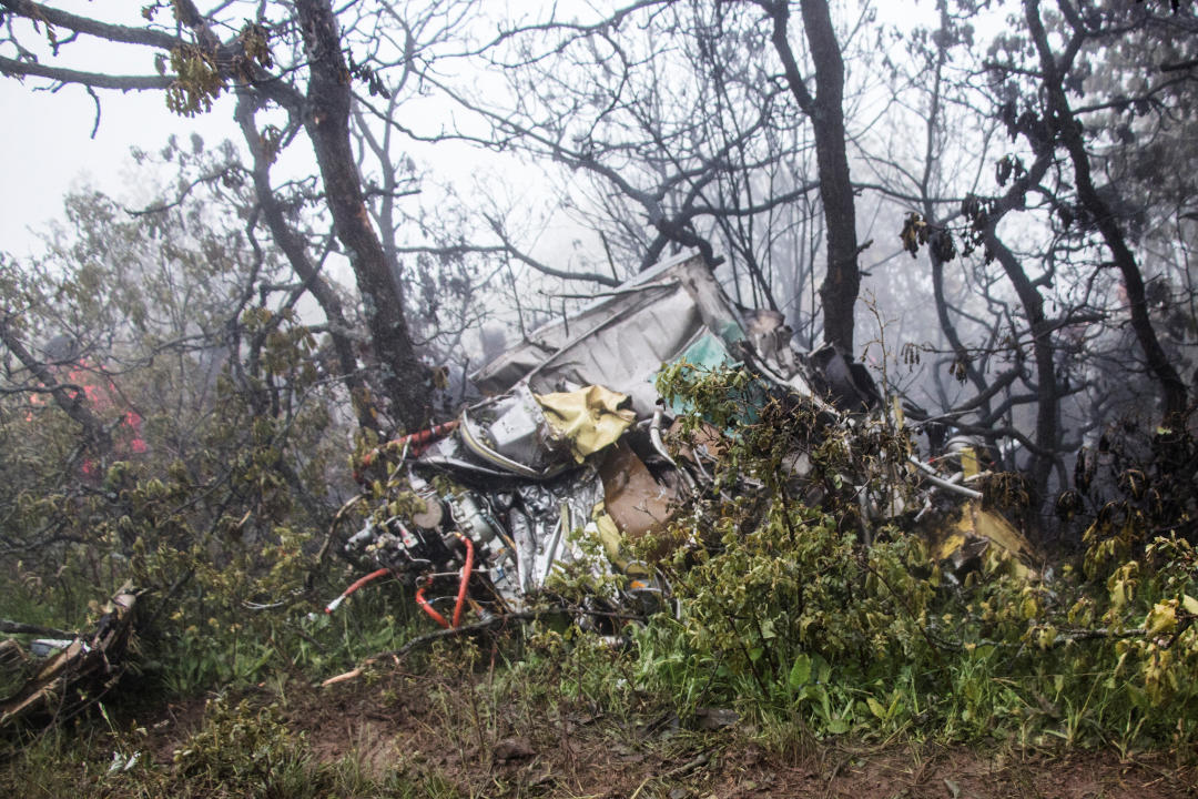 A view of the wreckage of Iranian president Ebrahim Raisi's helicopter at the crash site on a mountain in Varzaghan area, northwestern Iran, May 20, 2024. Stringer/WANA (West Asia News Agency) via REUTERS ATTENTION EDITORS - THIS IMAGE HAS BEEN SUPPLIED BY A THIRD PARTY.