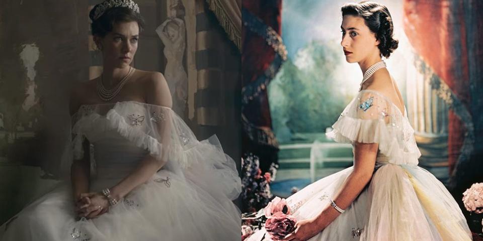 <p>In season 2<em>, </em>viewers see Princess Margaret posing for famous photographer Cecil Beaton in an off-the-shoulder tulle ball gown, embroidered with sequin butterflies. The recreation of the dress is impressive. However, the photo was taken in 1944, not <a href="https://www.townandcountrymag.com/society/tradition/a14417785/princess-margaret-birthday-portrait-the-crown/" rel="nofollow noopener" target="_blank" data-ylk="slk:in 1959;elm:context_link;itc:0;sec:content-canvas" class="link ">in 1959</a> as the show's timeline suggests. </p>